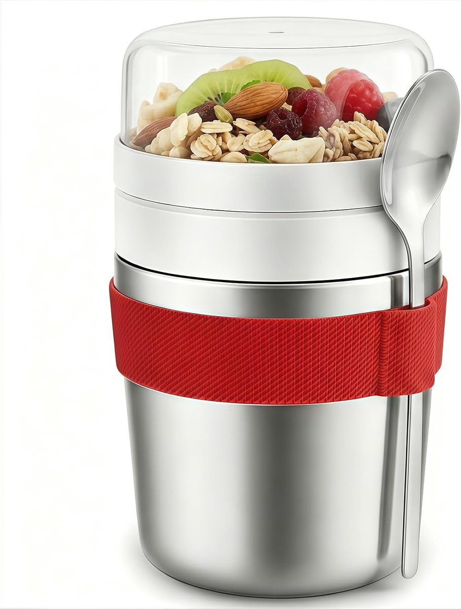 Yoghurt beker to go - RVS - 500 ml + 220 ml - Dubbelwandige vacuüm geïsoleerde mueslibeker - Voor gezonde snacks onderweg