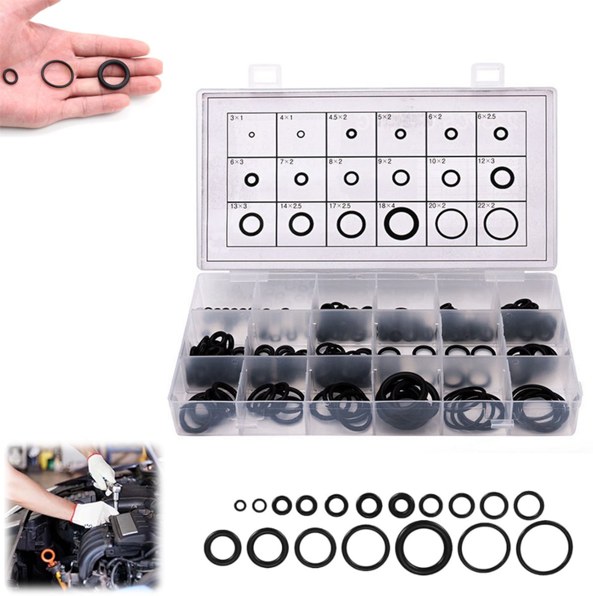 225 stuks - O-ringen set - rubberen ringen - O-ring assortiment - 18 Maten - NBR nitrilrubber O-ringen - Oliebestendige afdichtingsringen met opbergdoos voor auto, hydrauliek en sanitair