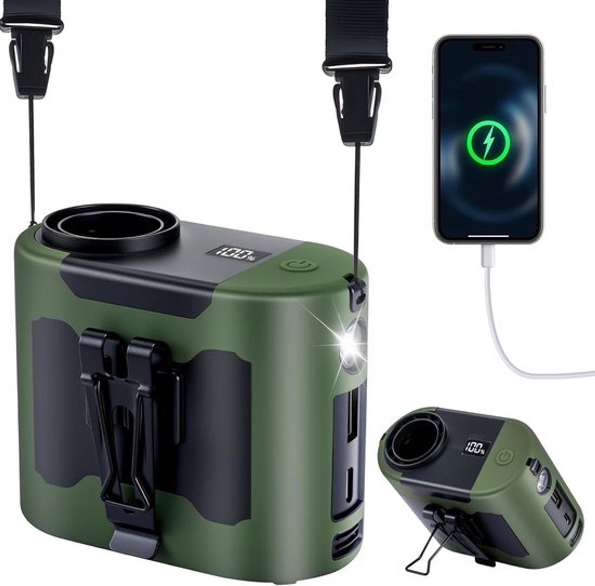 SnelShoppen - Draagbare Taillen Fan 14800 mAh - 40 Uur Accu - Oplaadbare Ventilator met 5 Snelheden en LED Verlichting - Ideaal voor Camping, Buitenwe