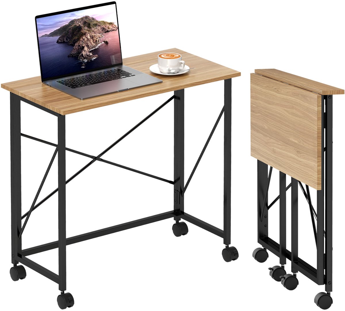 Opklapbaar bureau op wielen - ruimtebesparend - staal - MDF - eikenhout
