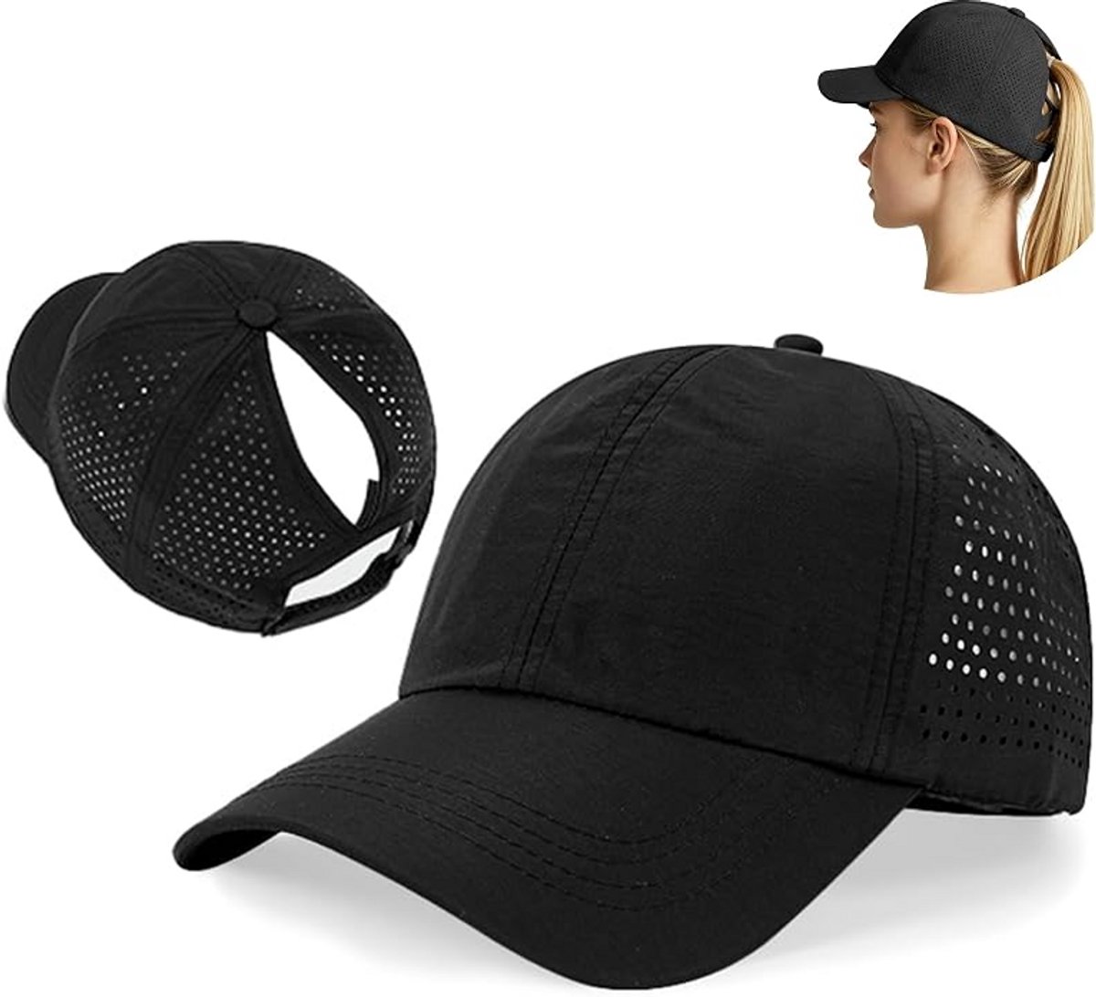 Zonbeschermende pet - ademend en verstelbaar - baseballpet voor dames met paardenstaart - waterdicht en sneldrogend - pet met hoge paardenstaart - zonnehoed voor buitensporten - zonbescherming - baseballpet - petomtrek 57 tot 58 cm - zwart