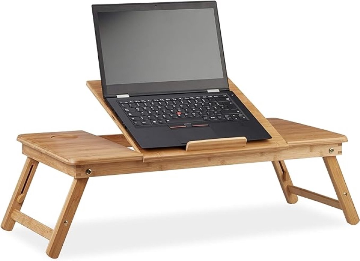 Laptoptafel Bamboe XL - Verstelbaar - 5 Hellingshoeken - Met Lade en Luchtgaten - Schoottafel/Bedtafel - Natuur