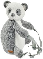 Zachte pluche panda rugzak met grijze en witte vacht, grote zwarte ogen en grijze bandjes.