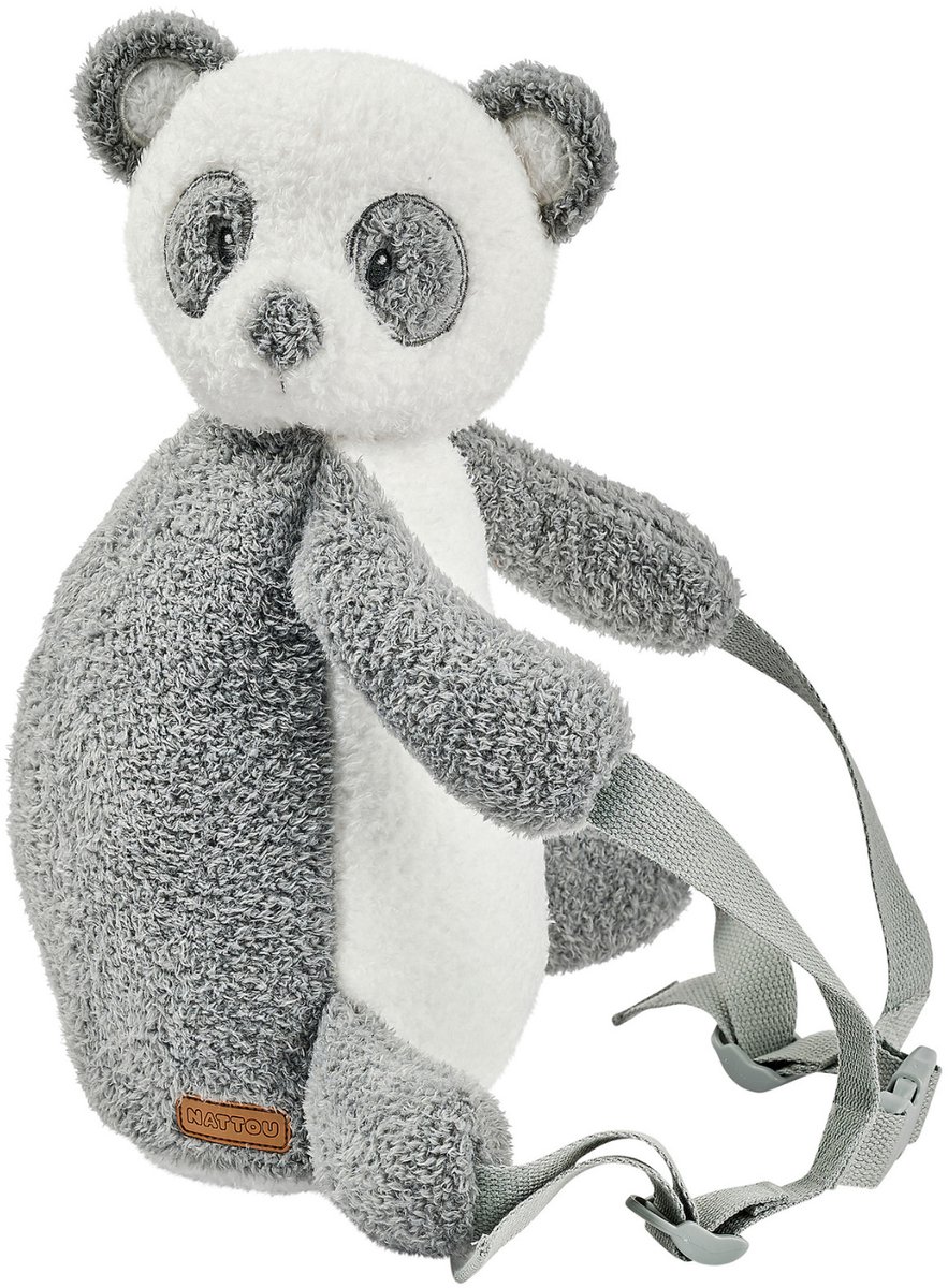 Nattou TEDDY Knuffel Rugzak - 30 cm - Boekentas kleuter - Zachte Panda Rugtas - Grijs & Wit