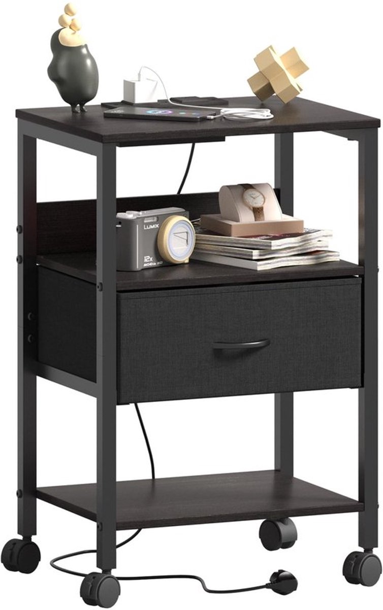 Nachtkastje - Oplaadfunctie - Mobiliteit met wieltjes - Zwart - USB-aansluitingen - Ideaal voor slaapkamer en woonkamer - Compact model