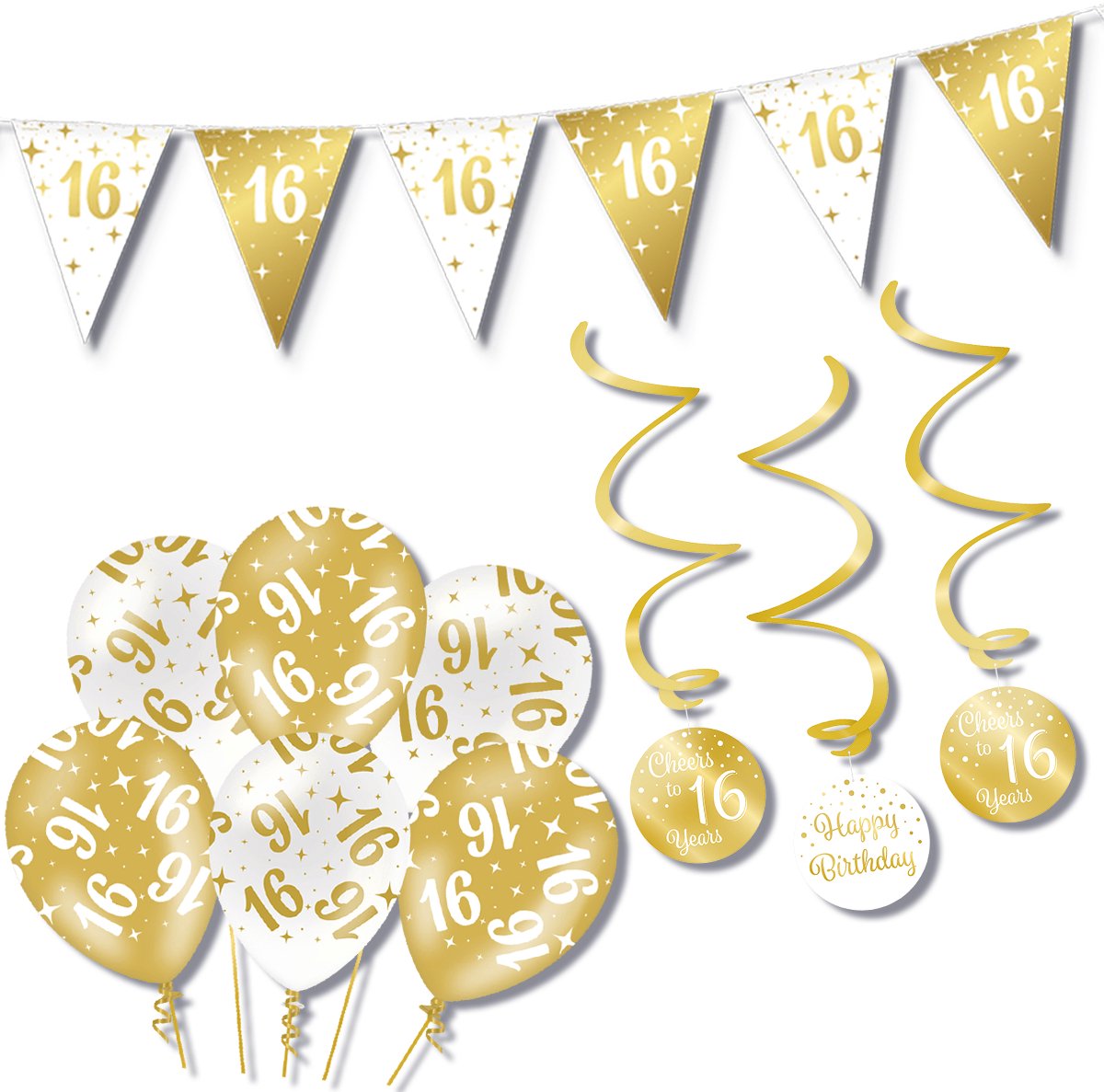 BTH – Verjaardag 16 Jaar – Wit-Goud – Sweet 16 – Verjaardag Set – Ballonnen-Swirls-Vlaggenlijn – Alles-in-1 – Decoratie Pakket