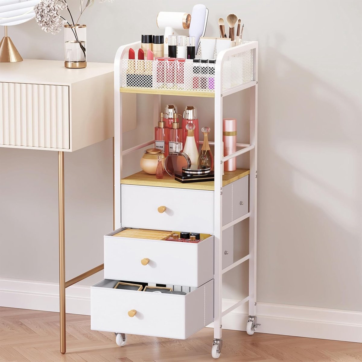 SnelShoppen - Rolling Makeup Cart Organizer met 3 Lades - Grote Capaciteit Cosmetica Opbergdoos - Huidverzorging, Make-up, Geuren, Nagellak, Haartools