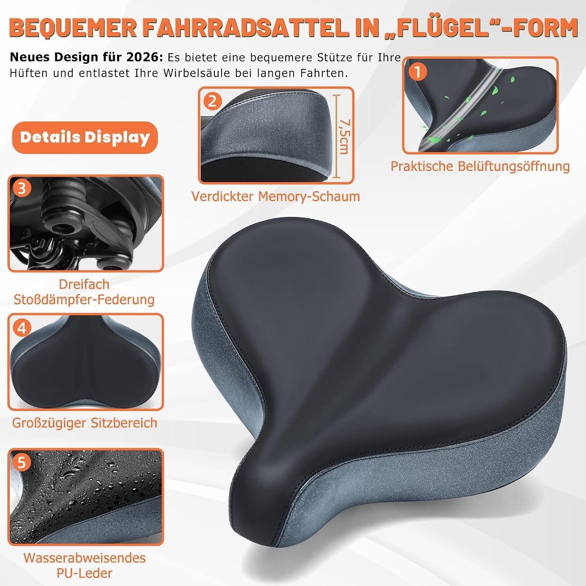 Comfortabel en ergonomisch extra groot fietszadel voor heren en dames, zacht traagschuim, universeel vervangend ontwerp, ideaal voor lange ritten
