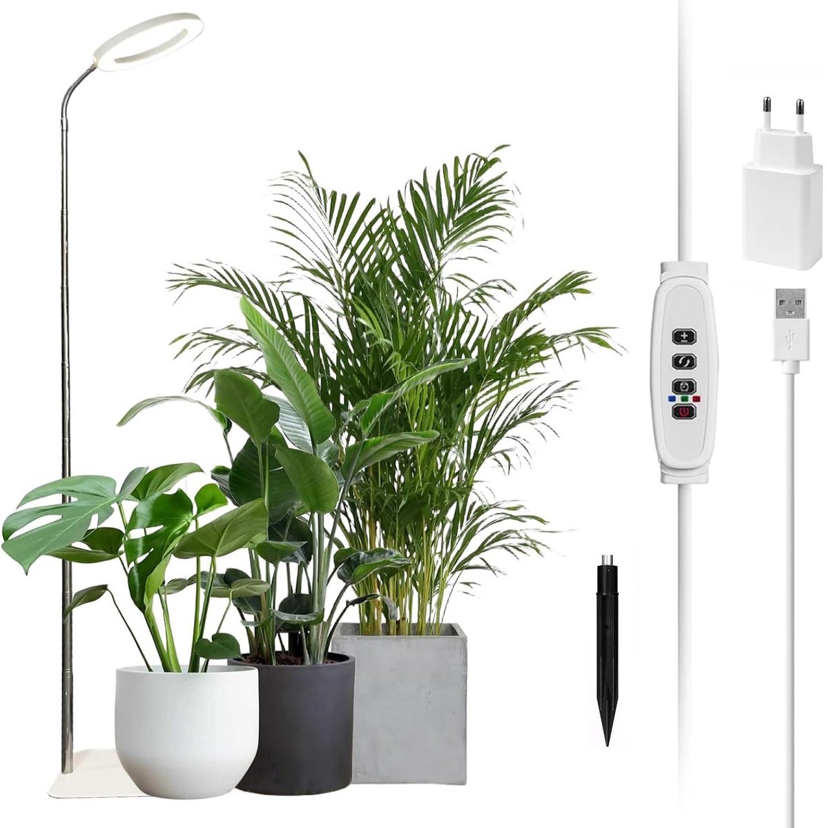 Rosnek LED Kweeklamp op Voet - Full Spectrum Groeilamp voor Planten - Dimbare Ringlamp met Timer 3/9/12 uur - Hoogte Verstelbaar met Voet of Direct in Potgrond - Plantenlamp voor Kamerplanten - USB met EU-adapter - Wit