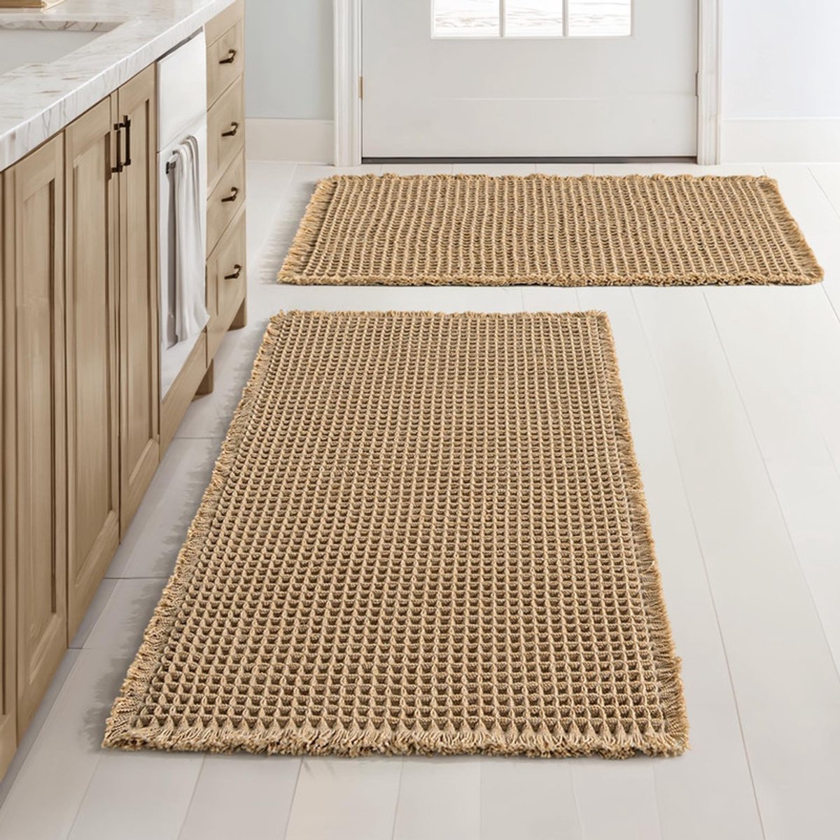 NZBZ Badmatset 2-delig - boho wafelstructuur met dubbele absorptielaag - rubberen antisliprug met HMA-backing - machinewasbaar voor badkamer en douche, 46 x 77 cm bruin