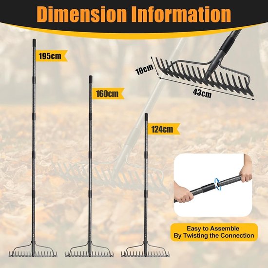 Tuinhark - Grijs - 195 cm - Metalen Hark met 17 Tanden - Voor Tuinieren en Tuinonderhoud — afbeelding 2