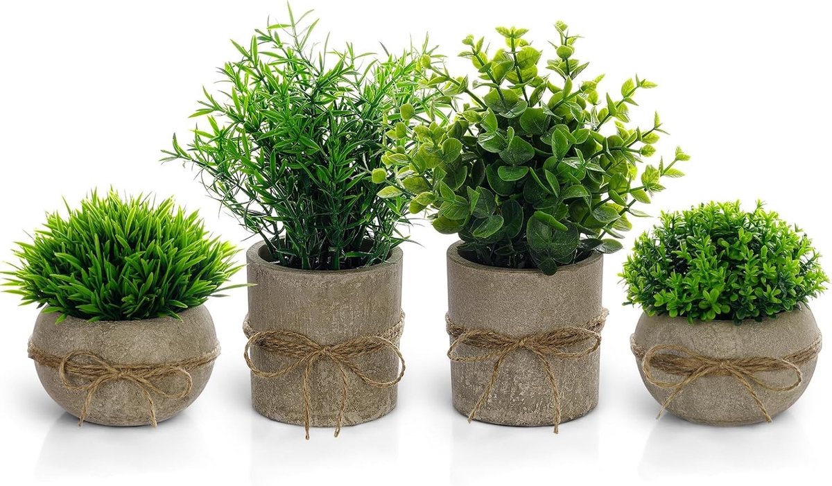 Kunstvetplanten met pot - Mix van 4 stuks - Miniatuur kunstplanten in papierpulppotten - Decoratie voor thuis en kantoor