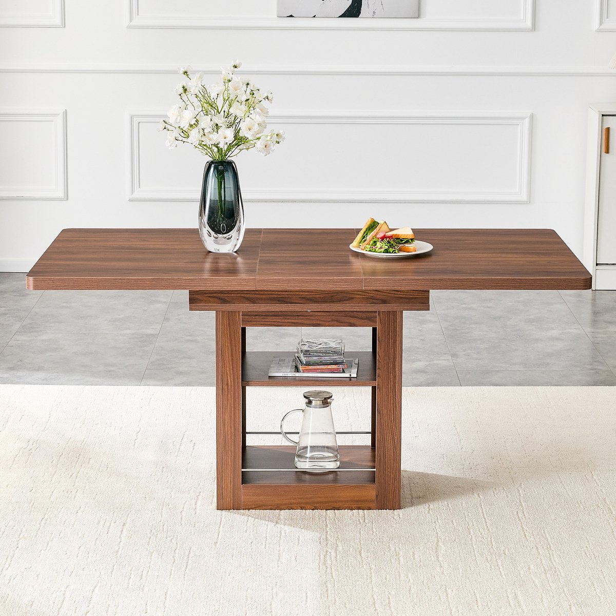 Intebiki Uitschuifbare eettafel (130/160×80 cm) - houten keukentafel met opbergplanken - Eettafel met twee planken - Biedt plaats aan 4-8 personen - Walnoothout