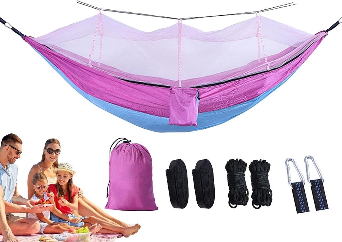 Outdoor Hangmat - Camping Hangmat Reis Hangmat - Ontspannen Buiten - Geïntegreerd Muggennet - 260 x 140 cm - Lichtblauw/Roze