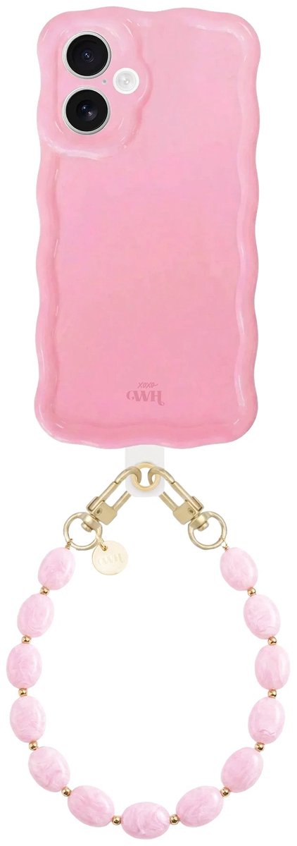 xoxo Wildhearts Glossy Wavy Case Bubble Blush - Ocean Blush (kort koord) - geschikt voor iPhone 16 Plus - hoesje met telefoonkoord - afneembaar koord - Kralenketting - kort telefoonkoord - hoesje met golven - Roze