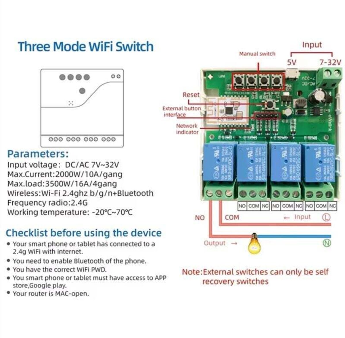 Een slimme schakelaar met 4 kanalen die draadloze Wi-Fi- en Bluetooth-connectiviteit ondersteunt, potentiaalvrije relaismodules en 7-32V-afstandsbediening via een app.