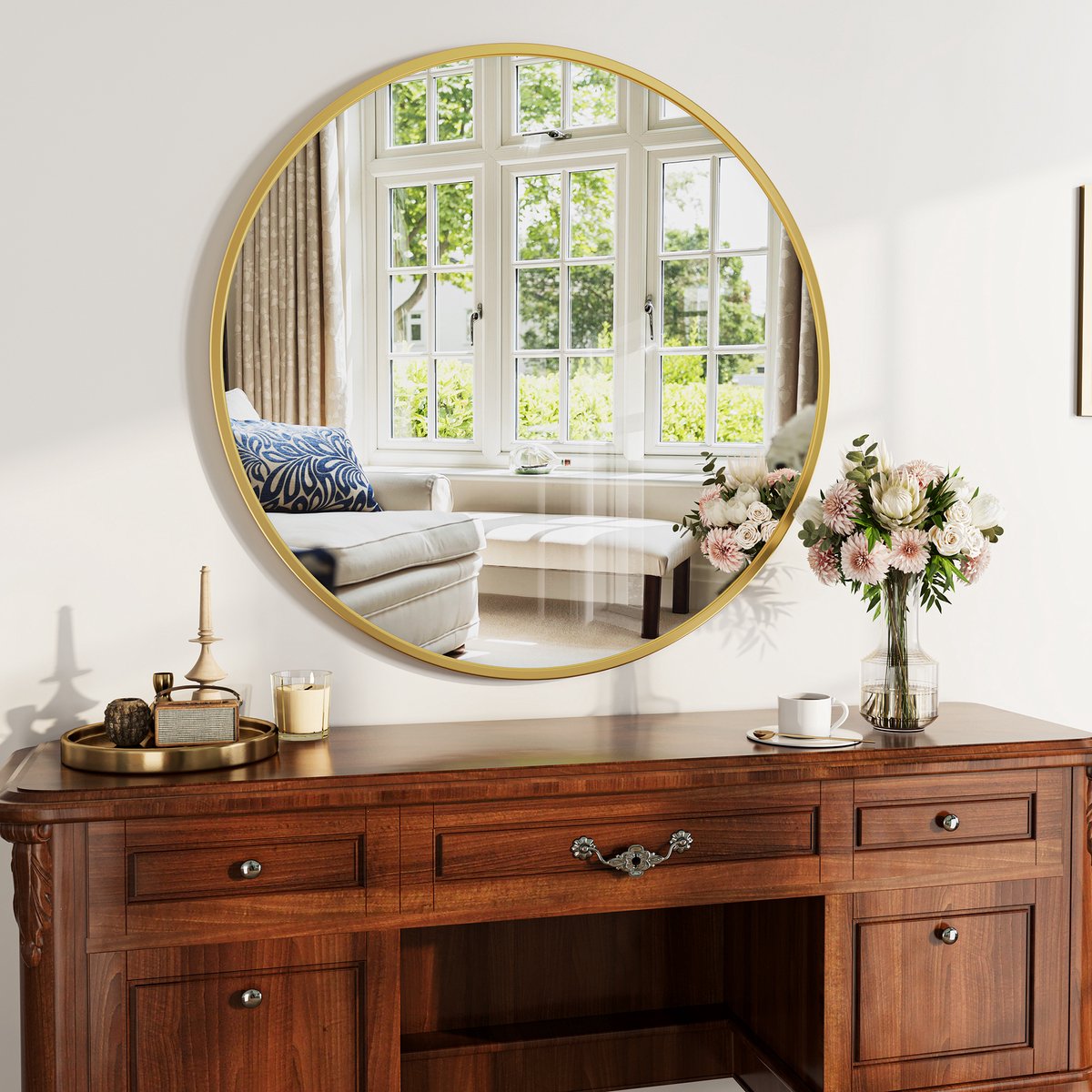 Wandspiegel 75 cm, ronde spiegel van gehard glas, make-up spiegel voor slaapkamer, moderne spiegel, goud