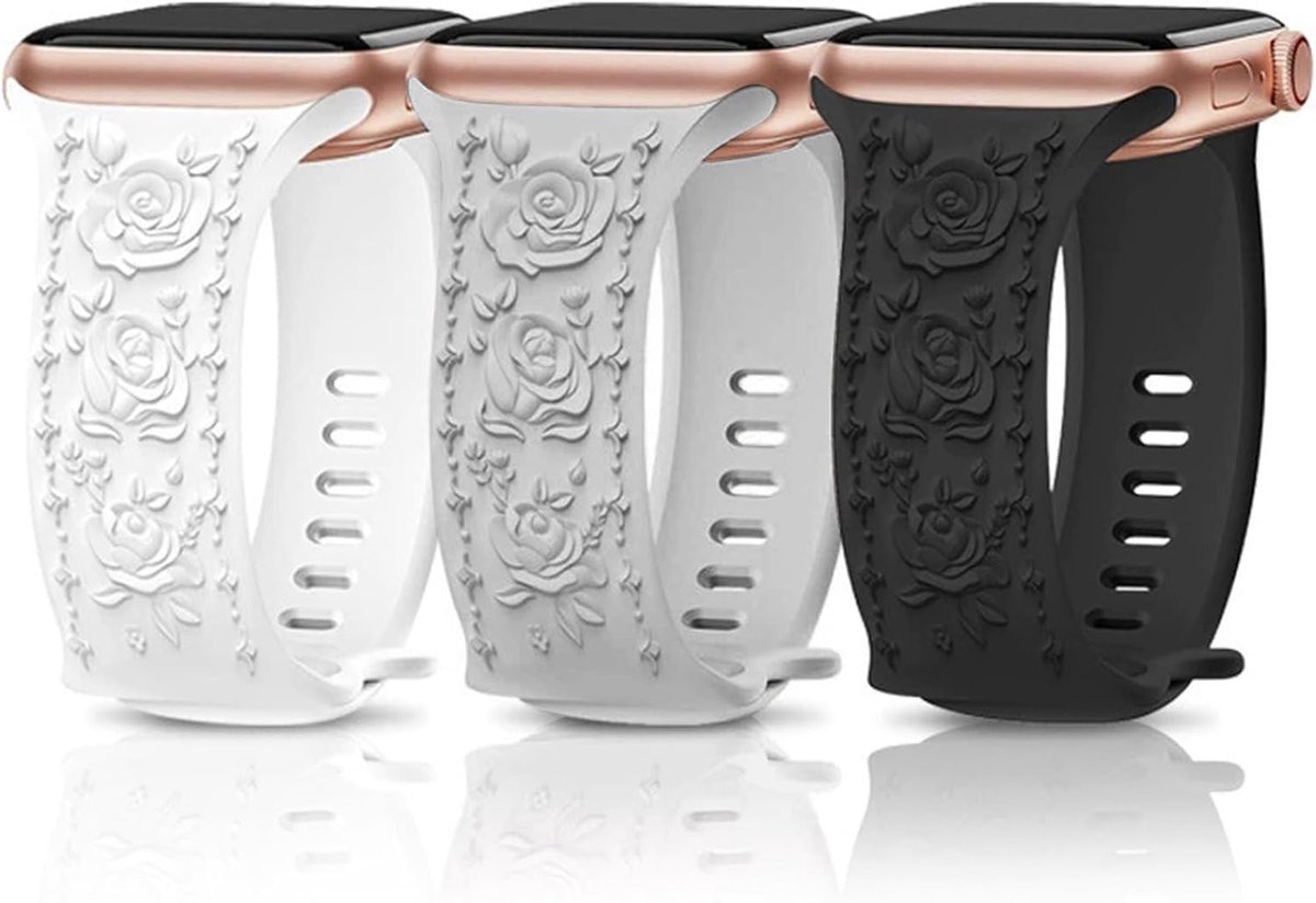 Set van 3 Bloemige Gegraveerde Armbanden, Zachte Siliconen Vervangbanden, Geschikt voor Alle Smartwatch Modellen, Duurzaam en Comfortabel voor Dagelijks Gebruik en Sportactiviteiten, Zwart