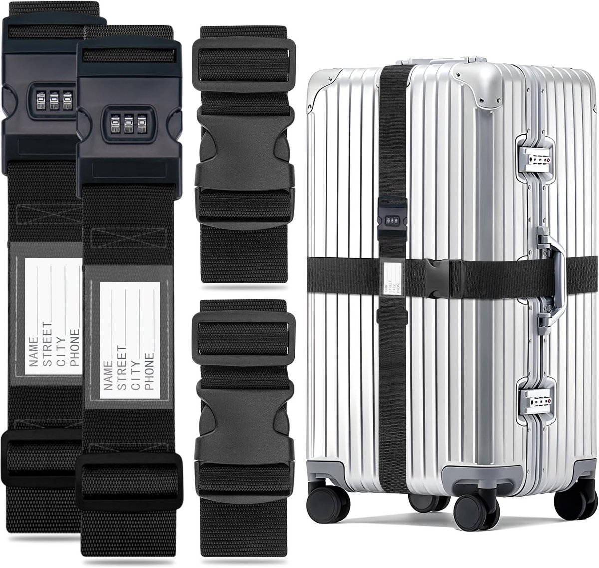 SnelShoppen - Luggage Strap met Combinatieslot 4 Stuks, Verstelbaar tot 200+250cm, Stevige Veiligheidsbanden voor Reis, Zwart Reisbagagebanden