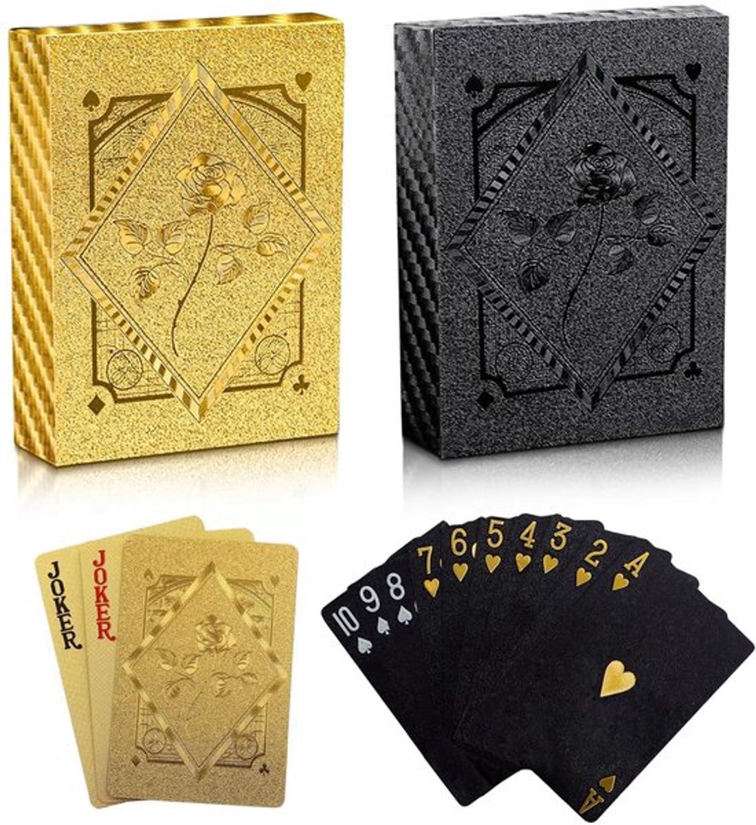 2 paar speelkaarten van kunststof met bloemenpatroon, goud en zwart, waterdicht en duurzaam, voor poker, brug, Blackjack Texas Hold'em, cadeau voor volwassenen