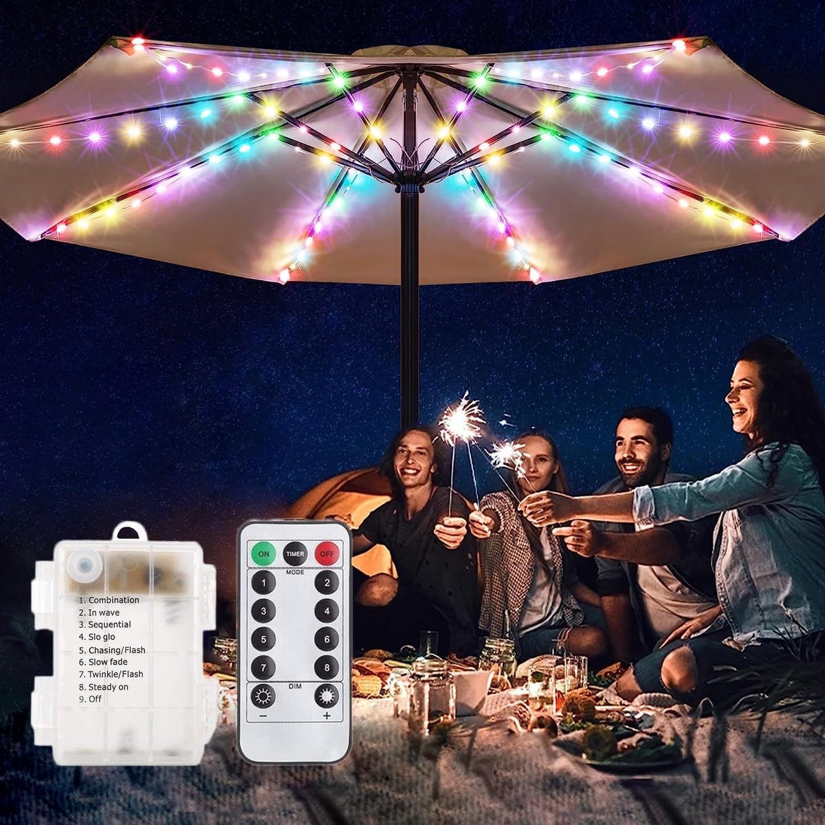 Parasolverlichting - Meerkleurig - 104 LED-lampjes op Koperdraad - Batterijgevoede Lichtslinger met 8 Modi voor Buiten