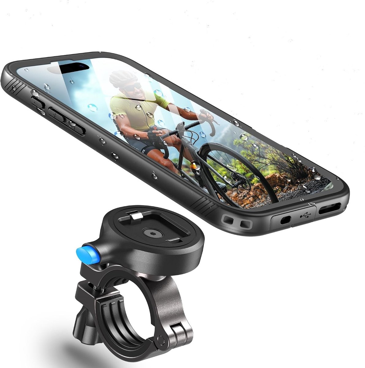 Phone holder voor fiets - Zwart - Waterdichte Telefoonhouder met Schokbestendige Hoes voor iPhone 16 Pro - Universeel voor Fiets en Motor