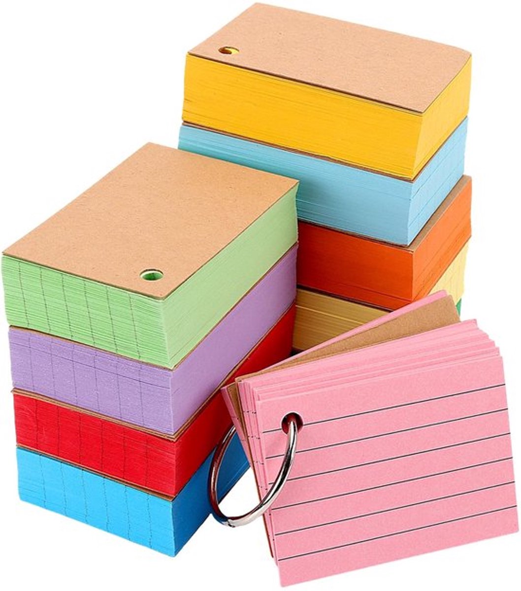 Indexkaarten A8 1000 stuks - Gelinieerd - Kleurrijk - Leerkaarten met Ring - Woordenschaarkaarten - 10 Kleuren - 150 g Papier