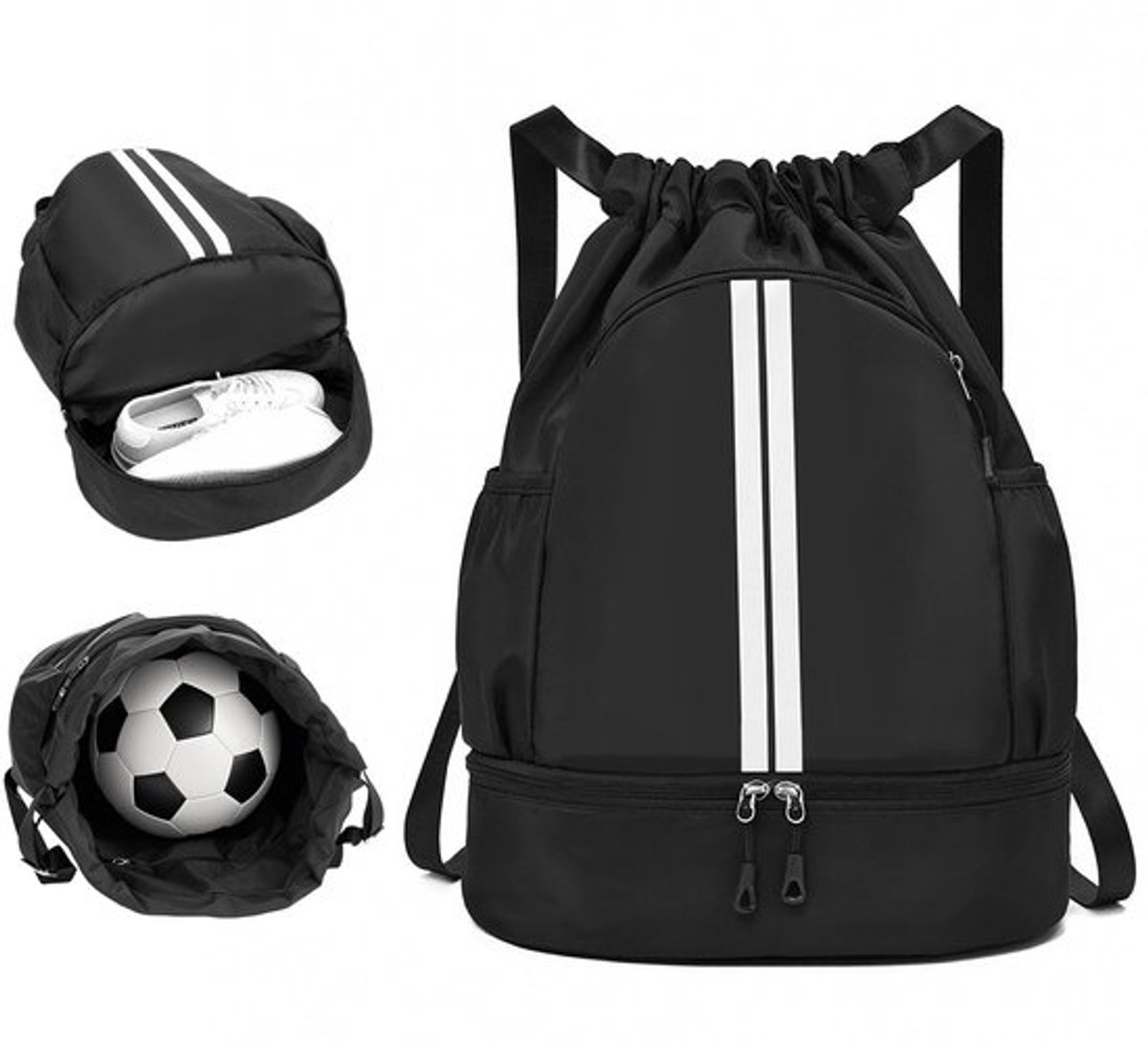 Multi-Compartiment Gymrugzak met Trekkoord - Ontwerp met Koord Waterdichte Drawstring Rugzak, Unisex Rugzak met Trekkoord, Waterbestendige voor Dames en Heren, Zwar