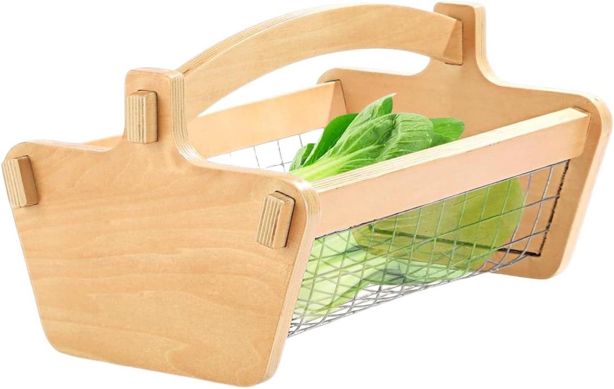 Fruitmand Hout Metaal - Fruitschaal Opberger - Keuken Organiseren - Open Lucht Structuur - 34 x 23 x 15 cm