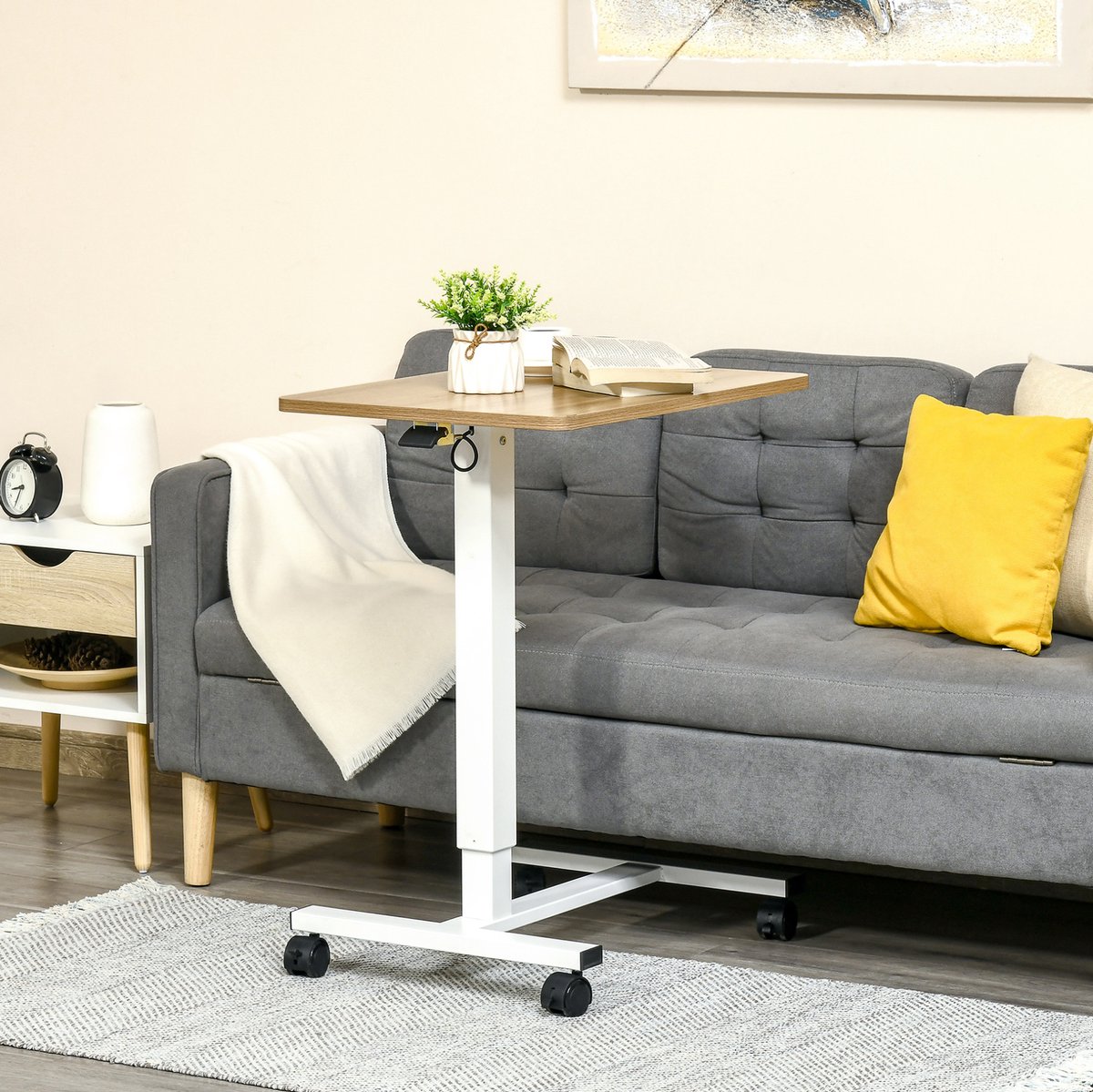MIVRAY Bureau – Hoogteverstelbaar 70-110 cm – Staal En Hout – Naturel Wit – Met Wielen Voor Zittend En Staand Werken – C-Vormig