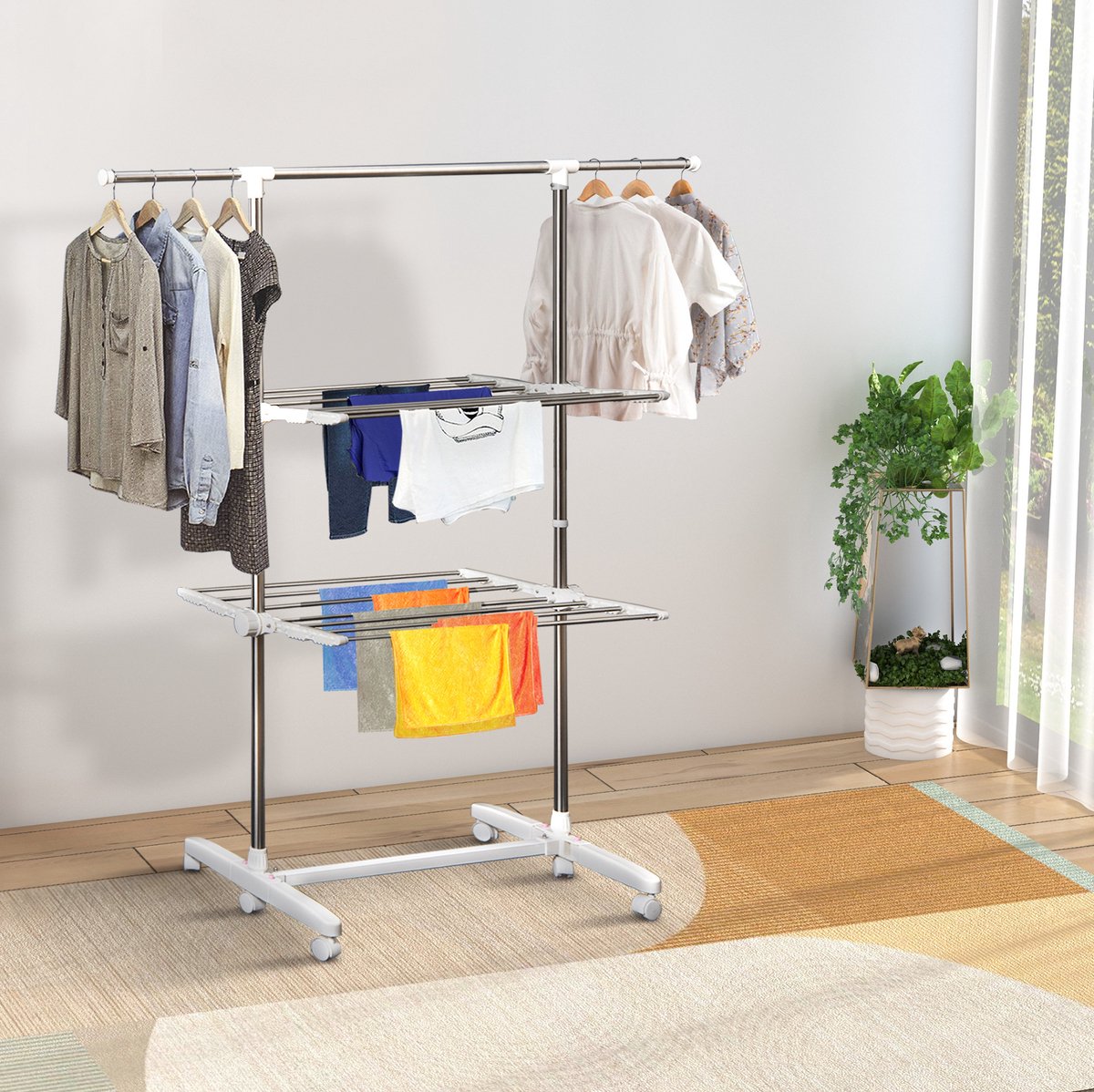 MIVRAY Droogrek - Verstelbare Bovenstang 83-136,5 cm - 2 Niveaus - Kunststof En Roestvrijstalen Buizen - Zilver - Inklapbaar Met Wielen