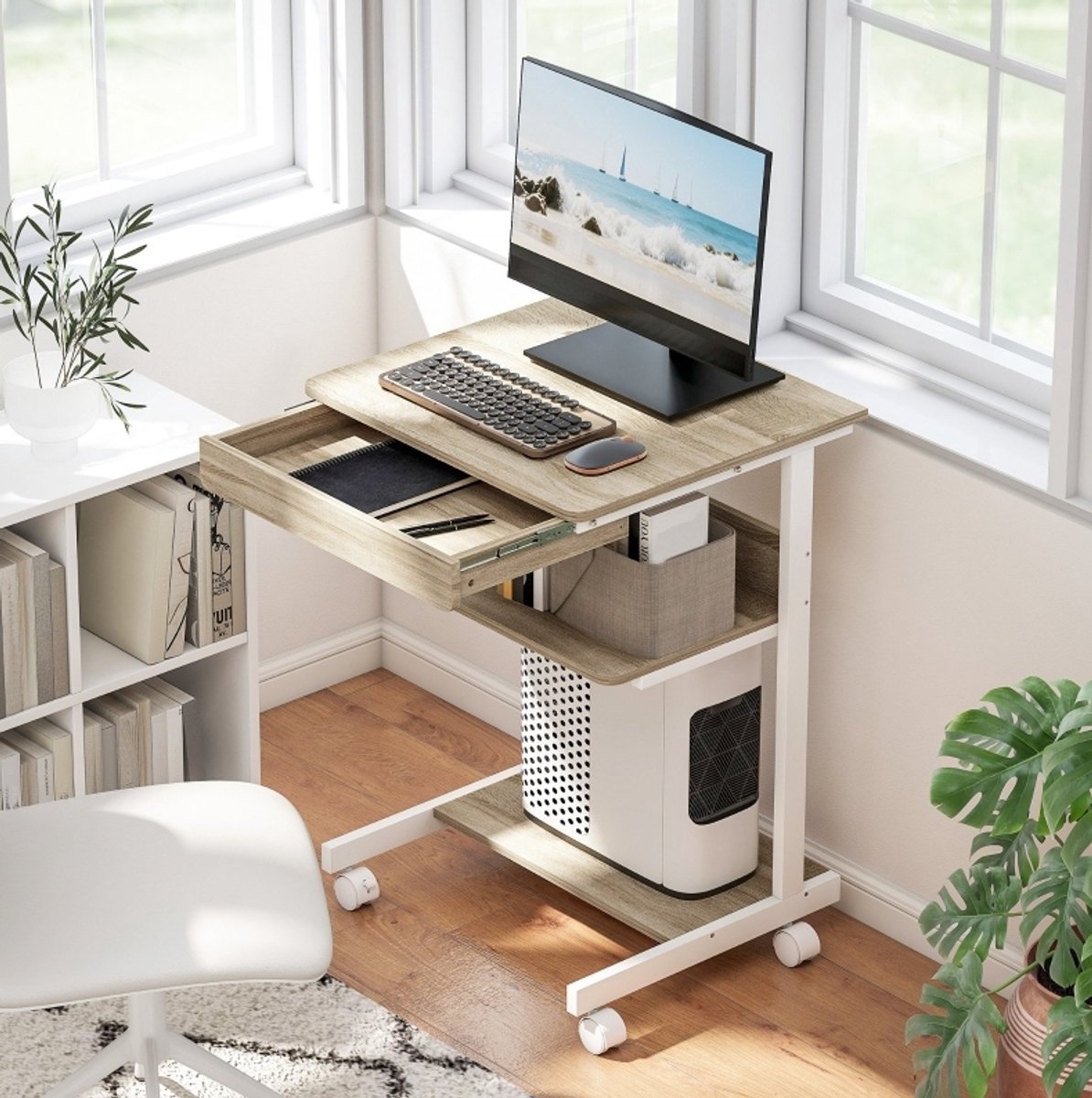 MIVRAY Bureau – Compact Rollend Ontwerp Met Lade En Planken – 56 x 51 x 79 cm – Spaanplaat En Metaal – Eikenkleur – Voor Kleine Ruimtes