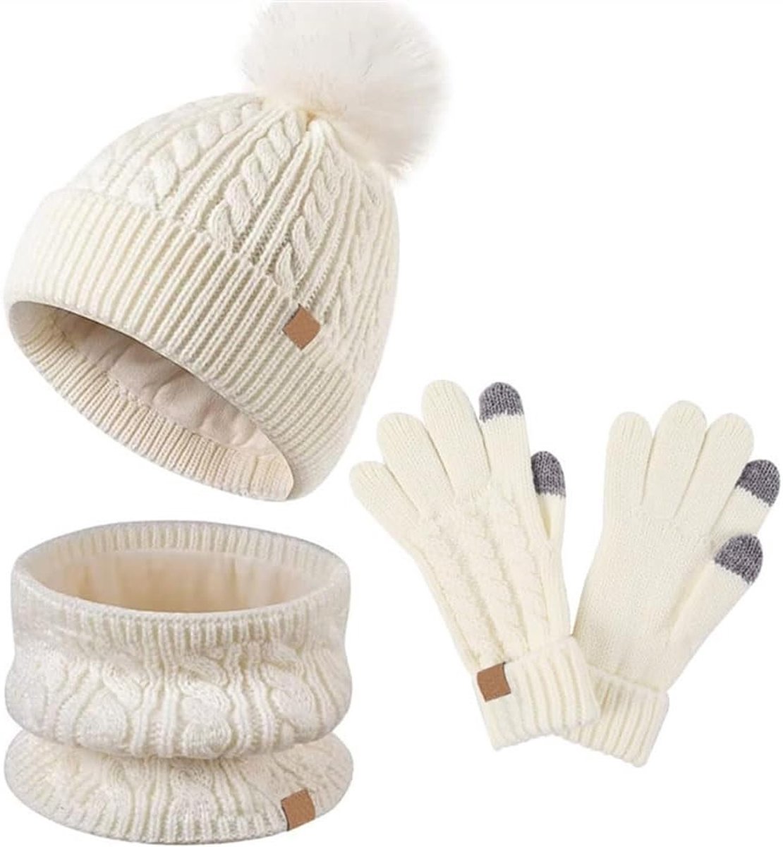Warm Gebreid Kinder Sjaalset met Muts en Handschoenen, Fleece Beanie voor Jongens en Meisjes 5-10 Jaar