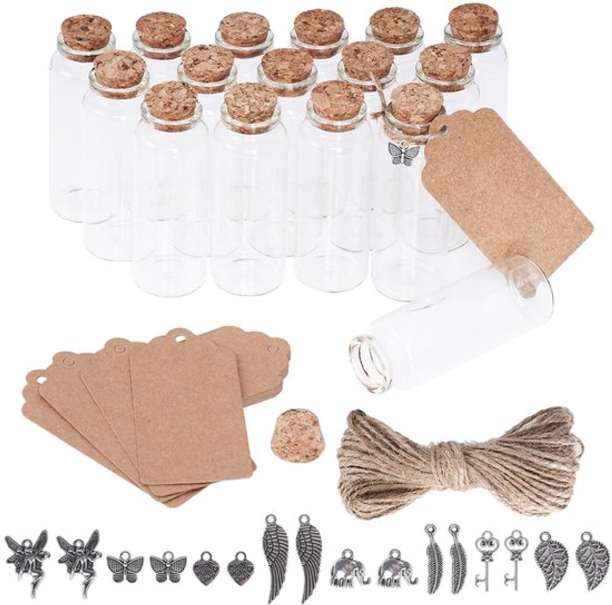 Mini-flessen Set van 16 - Glazen Flessen met Kurk - Vulbaar voor Decoratie - DIY/Hobby - Transparant en Duurzaam - Inclusief Hangers - Glazen Potjes