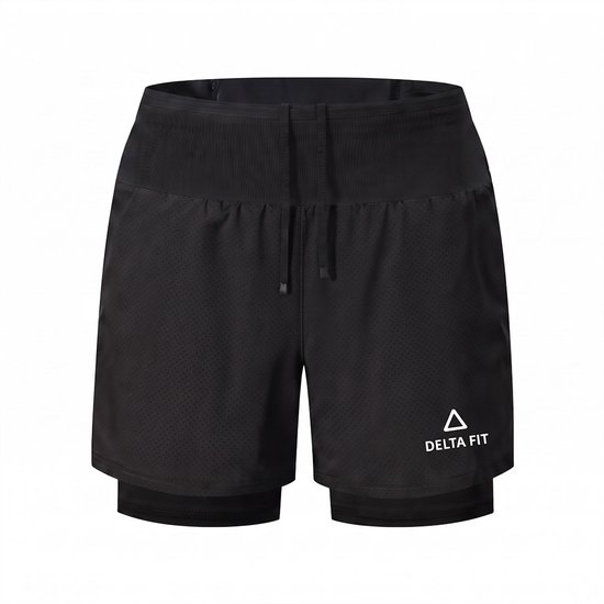 Zwarte 2-in-1 hardloopbroek met binnenshort, tailleband met trekkoord en reflecterende details.