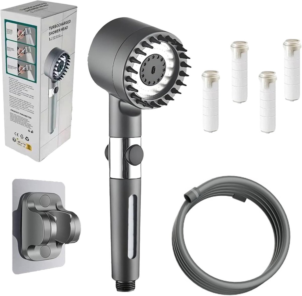 Regendouchekop deluxe 20 cm - Verchroomd ABS - 3-in-1 Waterstraal - Met Filter en Slang - Voor Thuisgebruik