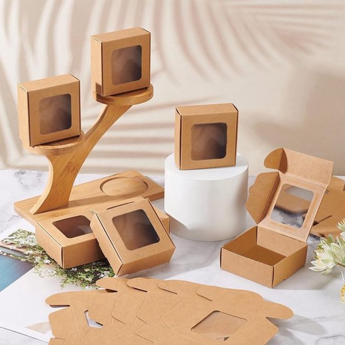 Geschenkdozen 36 stuks - Bruine Kraftpapieren Dozen - Vouwdozen met Venster - 7,5 x 7,5 x 3 cm - Herbruikbaar - Duurzaam Materiaal - Verpakkingen