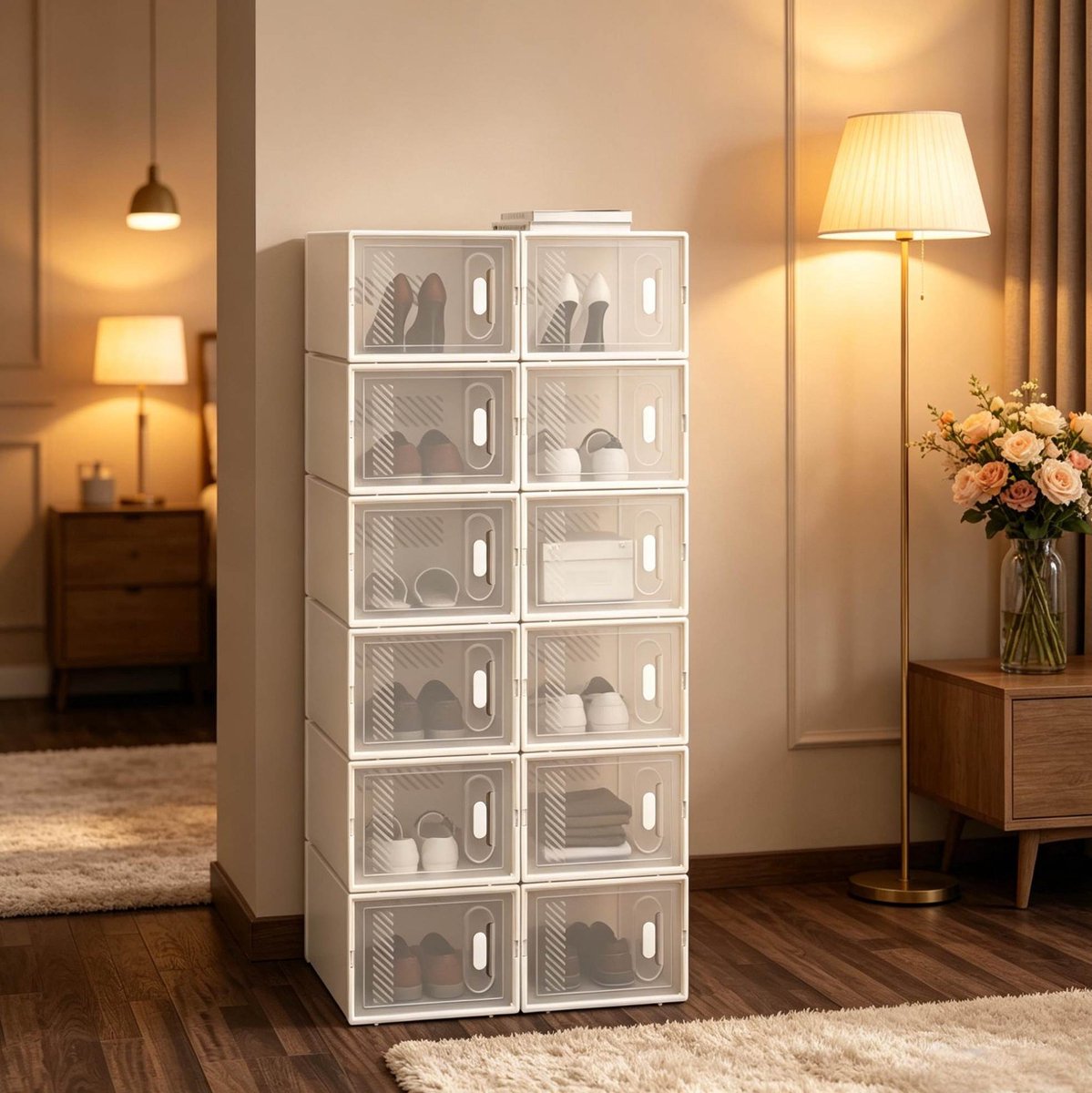 Wishdor Schoenopbergbox - Stapelbare set - Transparant en wit - Kunststof - 12-delige set - Voor schoenen en speelgoed - 35,5 x 25 x 18,5 cm per box