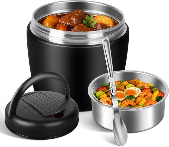 Thermocontainer voor eten - 1 - 2 l - warmhoudcontainer van roestvrij staal met lepel - thermokom met deksel - thermobeker - voor eten - lekvrij - thermo-lunchbox om mee te nemen - voor gerechten - soepen