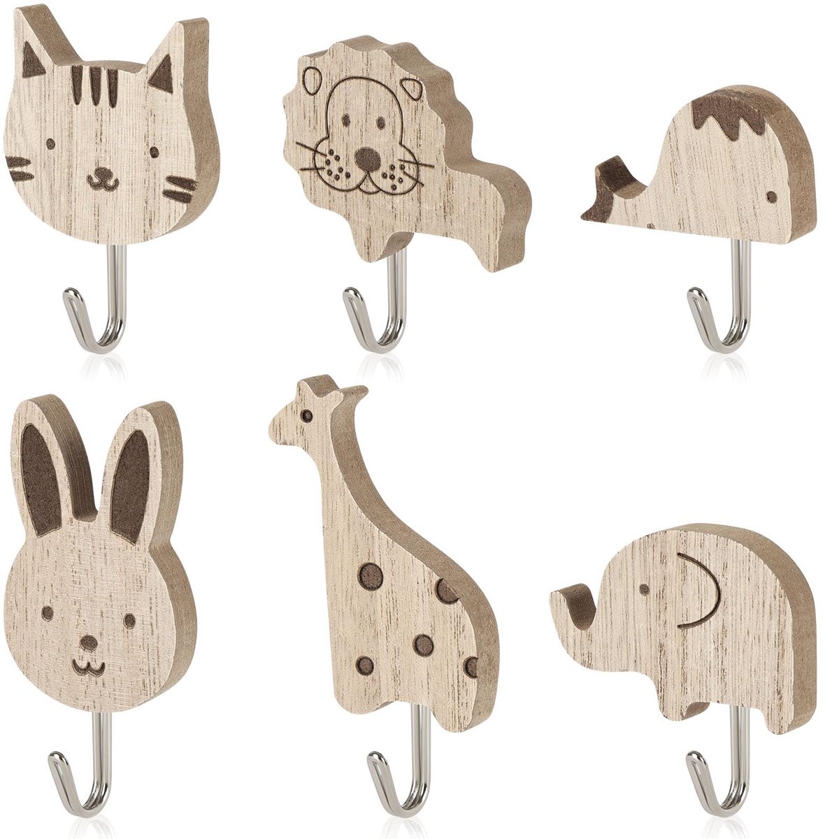 Houten dierenwandhaken 6 stuks - schattige dieren - zelfklevend - decoratie voor kinderkamer - ShopVlot