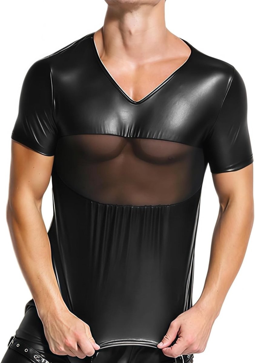 Shiny Metal Mesh V-Hals Korte Mouwen T-Shirt voor Mannen - Sexy Faux Leather Tanktop voor Feest, Dans en Nachtleven