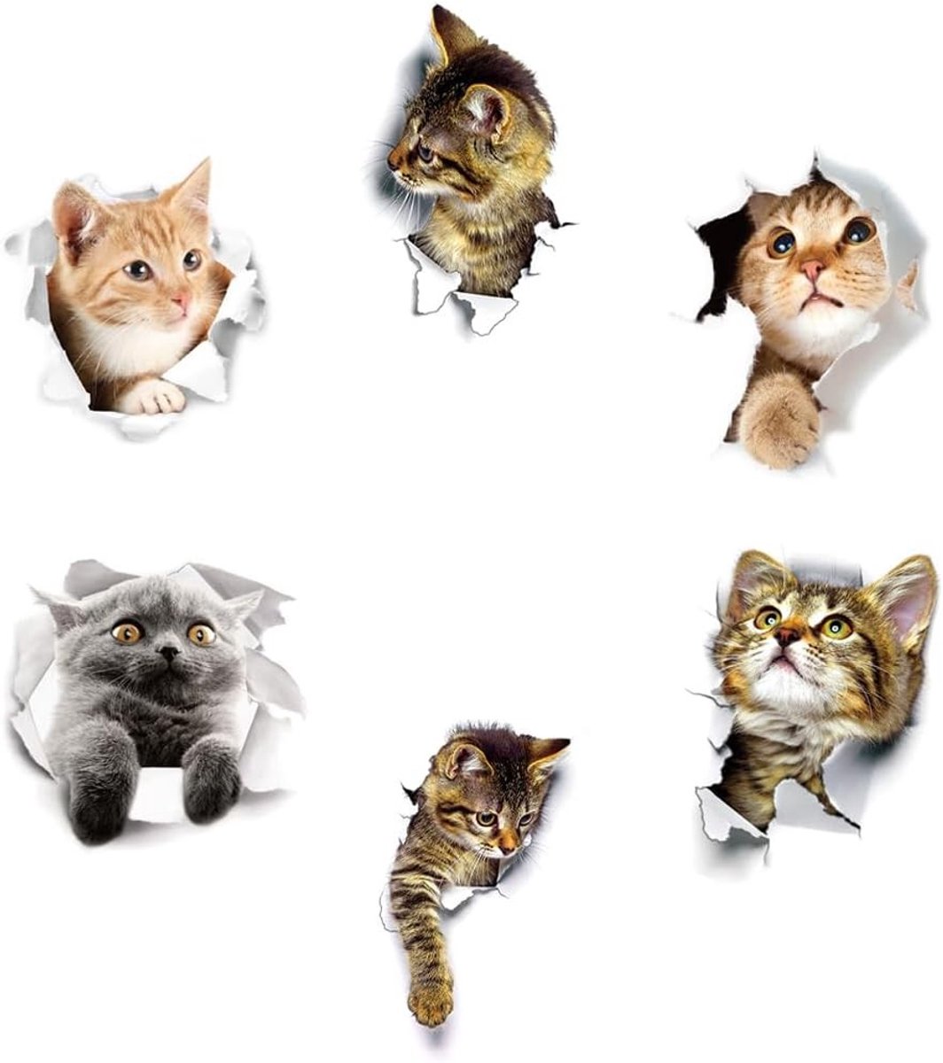 Set van 6 Verwijderbare 3D Kat Stickers voor Muurdecoratie in Woonkamer, Slaapkamer, Keuken en Badkamer