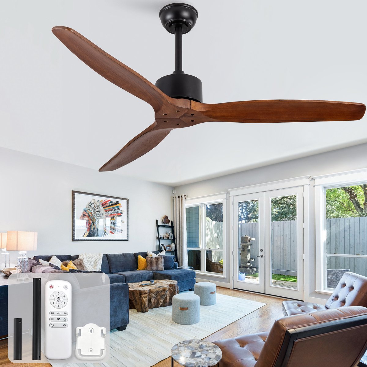Plafondventilator 52 inch - Zonder verlichting - Met afstandsbediening - Zes snelheden met geheugen - Drie massief houten bladen - Omkeerfunctie