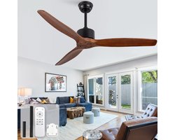 Plafondventilator 52 inch - Zonder verlichting - Met afstandsbediening - Zes snelheden met geheugen - Drie massief houten bladen - Omkeerfunctie