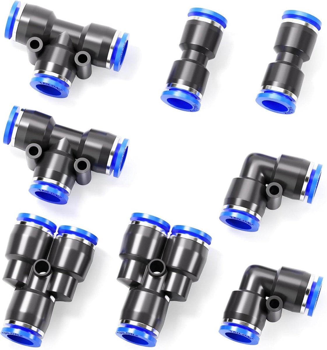 Pneumatische fittings 6mm OD - Set van 8 - 2 splitsen, 2 bochten, 2 T-stukken, 2 recht - Geschikt voor luchtleidingen - ShopVlot
