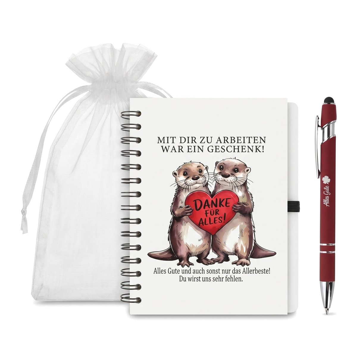Afscheidscadeaus voor collega's - 3 cadeaus - A6-notitieboekje, balpen en organzazakje - perfect voor afscheid - ShopVlot