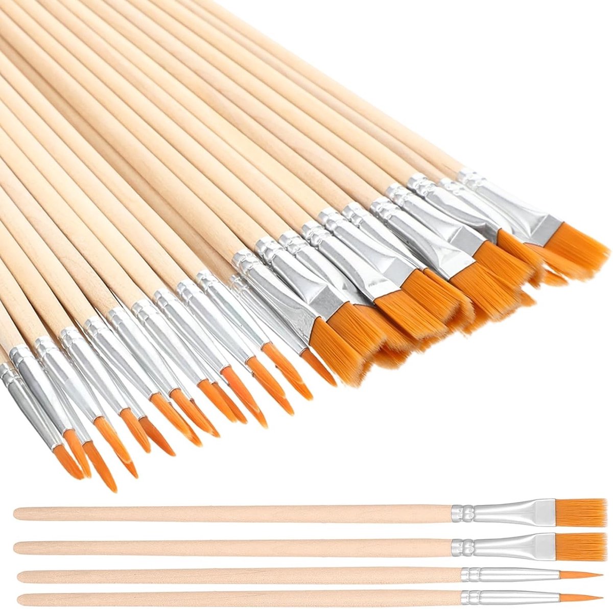 Complete Kwasten Set van 40 Stuks met 20 Platte en 20 Ronde Nylon Borstels voor Acryl, Olie en Aquarel Schilderen