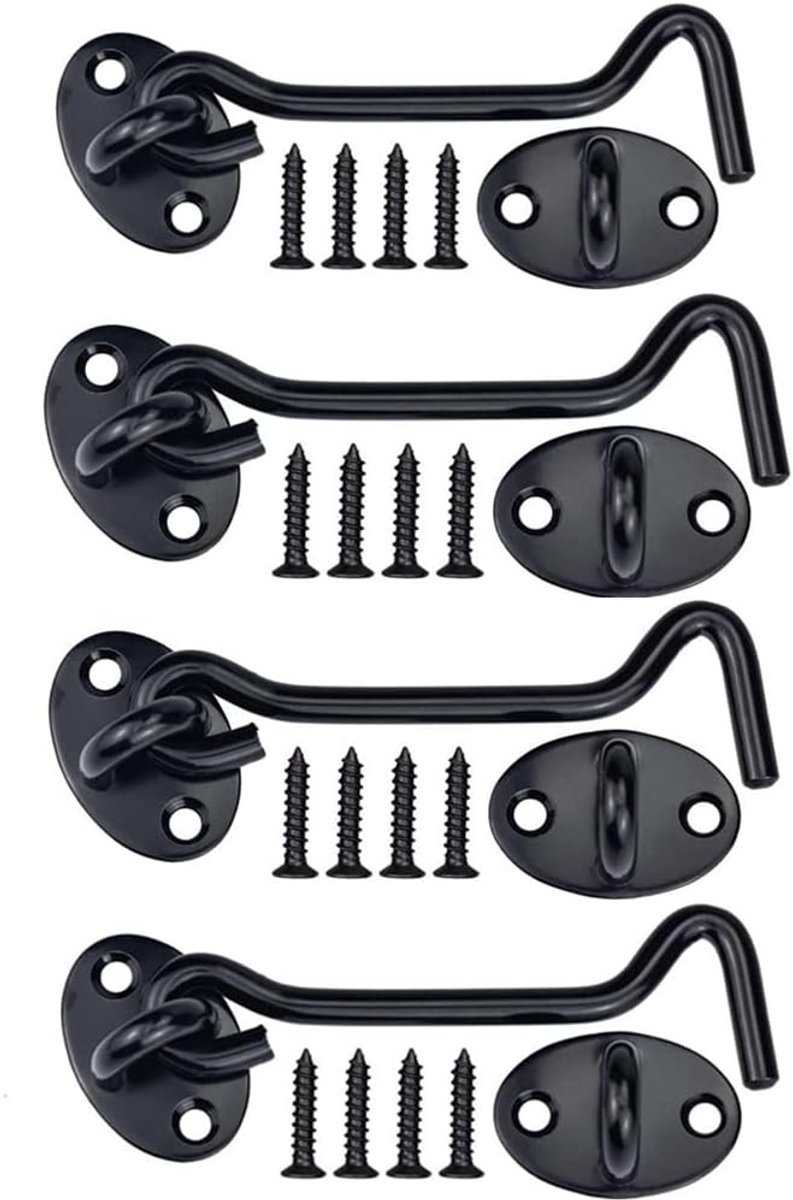 Set van 4 RVS Cabin Hooks en Storm Hooks met Oog, Ideaal voor Raam- en Deursloten, Inclusief 16 Montagebouten voor Tuindeuren en Beveiliging