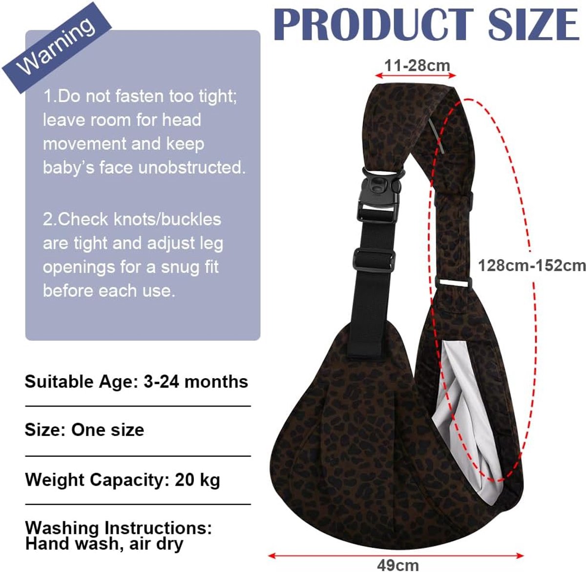 Baby Draagzak - Draagdoek Ergonomisch - Comfortabel Dragen - Drievoudige Beveiliging - Tot 20 kg - Luipaardprint – foto 5