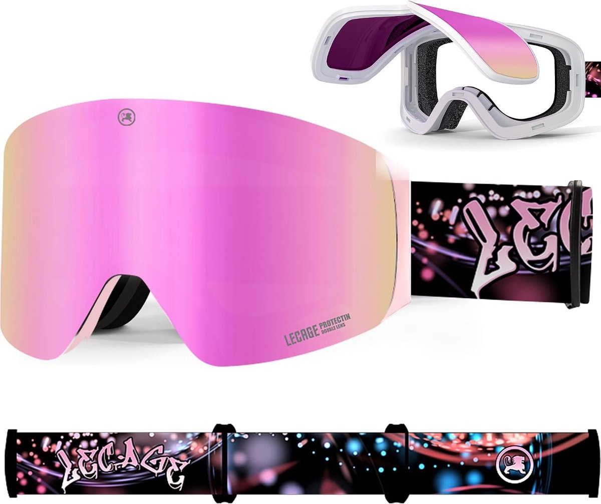 Opklapbare Skibril - Roze - Frameloos - Magnetische Anti-condens - Voor Dames en Heren